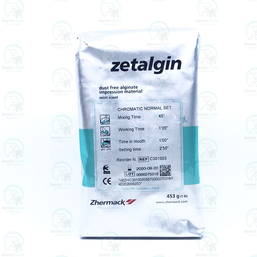 Zetalgin dental impression material package on a white background