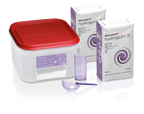 Thermack hydrogum 5 packaging with a red container, white boxes, and a glass on a white background