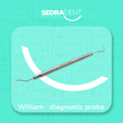 Dental diagnostic probe with 'SEDRA DENT' branding on a teal background