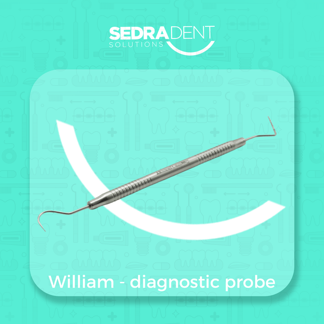 Dental diagnostic probe with 'SEDRA DENT' branding on a teal background